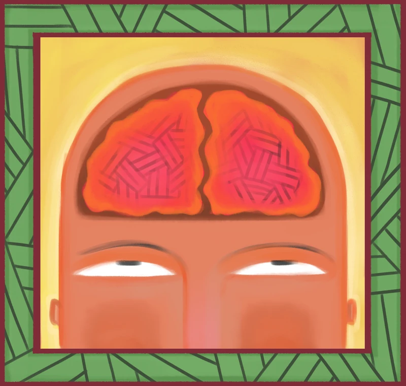 A head shown from the front with the top opened to reveal the brain, lit from behind, in a patterned frame.