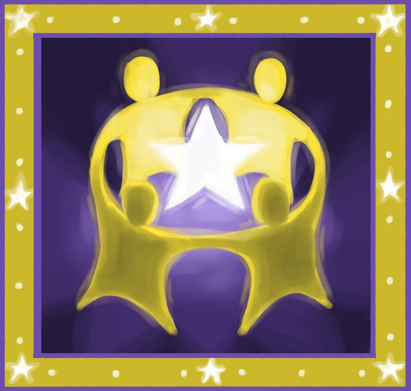 Two figures leaning together around a bright star, in a patterned frame.