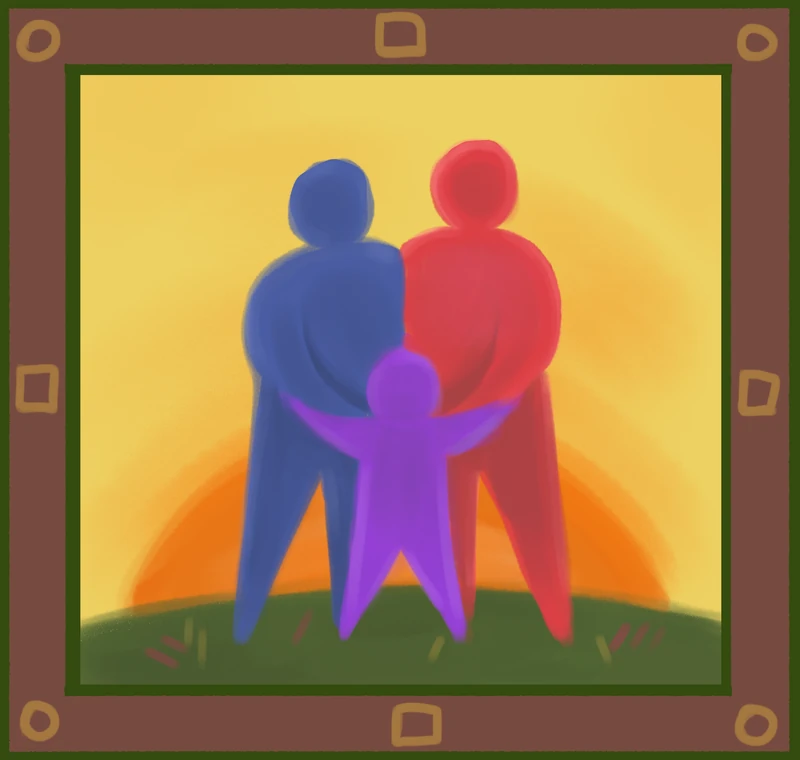 Two adults and a child on a hillside at sunset, seen from behind, in a patterned frame.