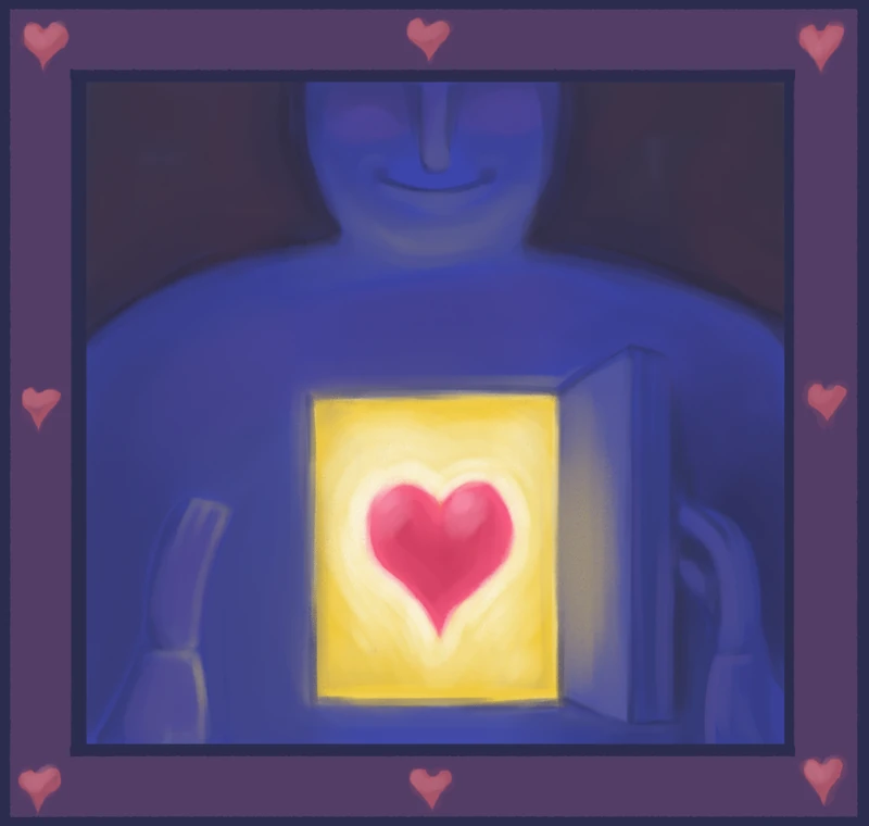 A figure holding a lit heart against its chest, in a patterned frame.