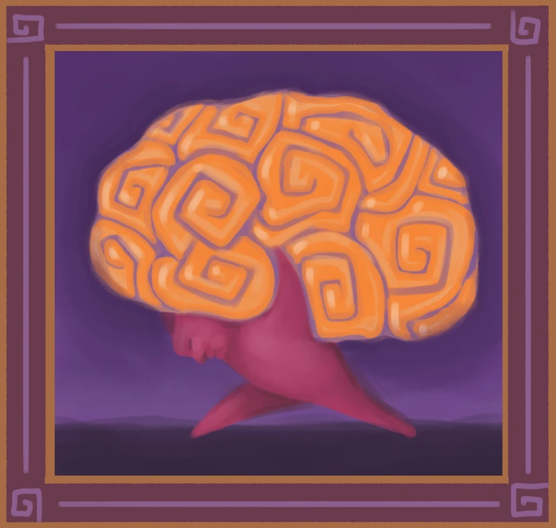 A brain growing from a trunk like the canopy of a tree, in a patterned frame.