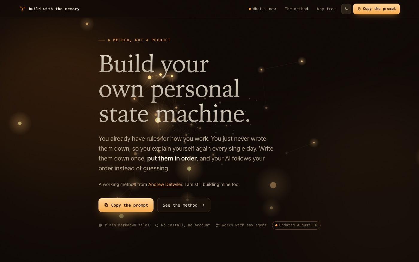 The Build With the Memory site, pale serif headline type over a dark constellation of linked notes