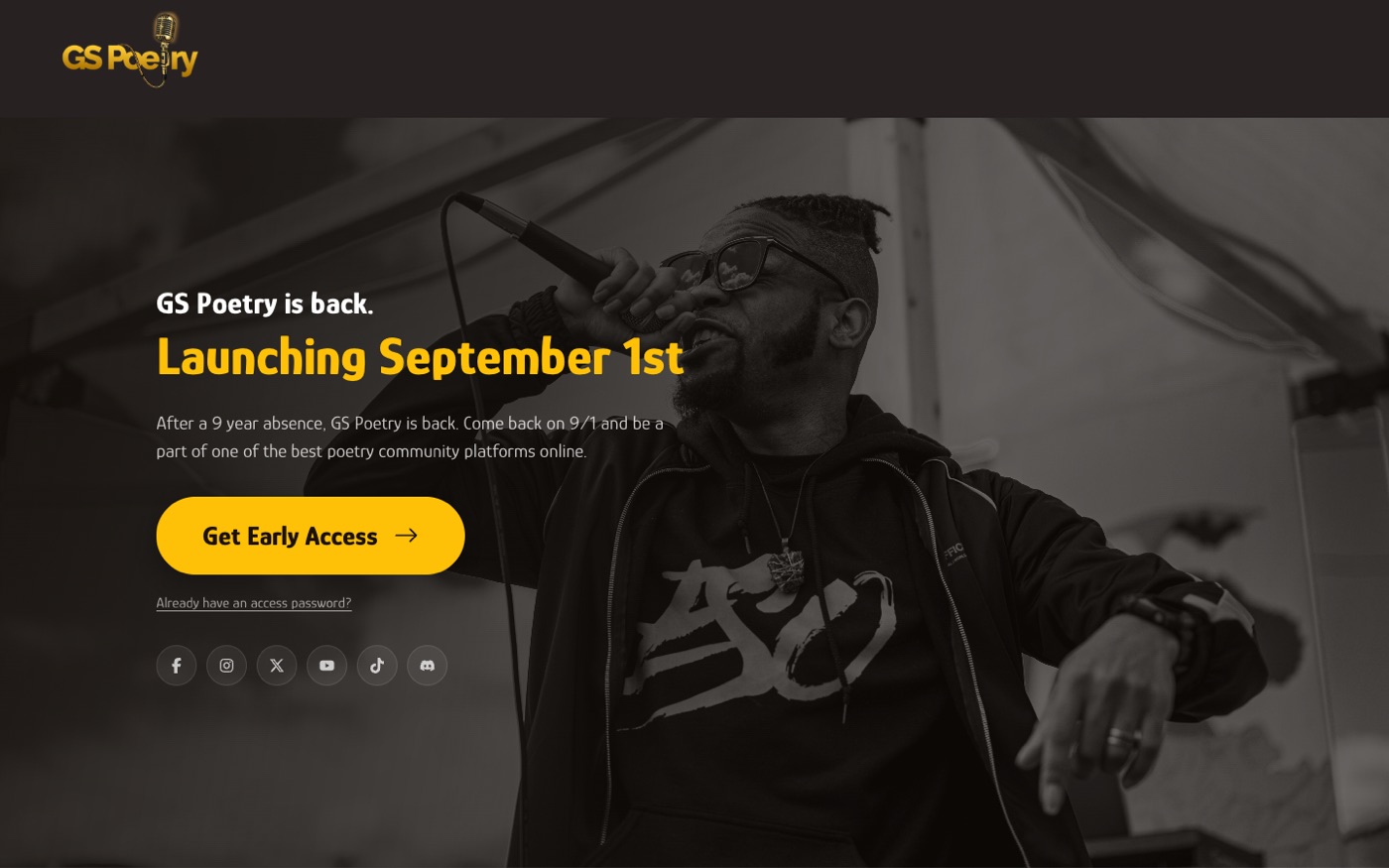 The GS Poetry landing page, a black and white photo of a performer at a microphone behind yellow type