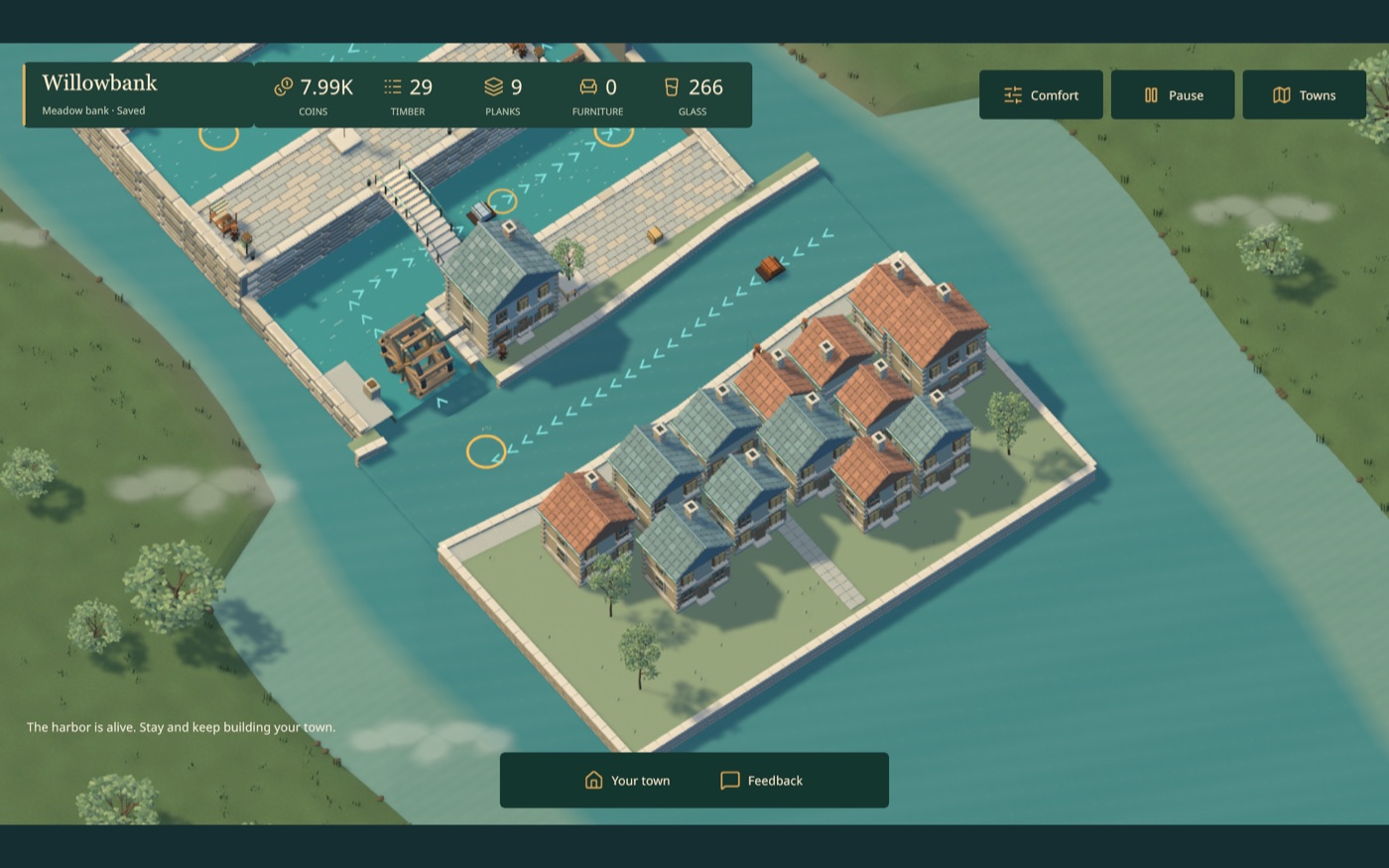 Little Canal Town in play: an isometric canal town of tiled roofs and a waterwheel, with coins, timber and planks counted along the top