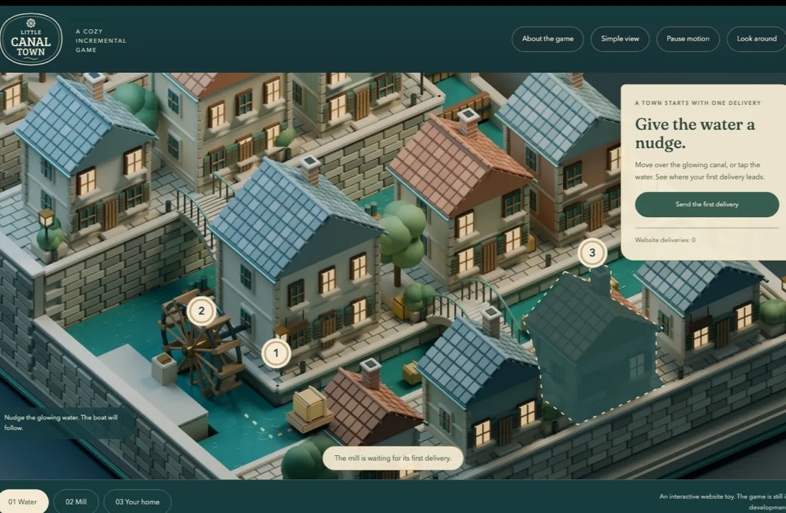 The Little Canal Town site, an isometric town of canals and tiled roofs with a panel asking you to send the first delivery