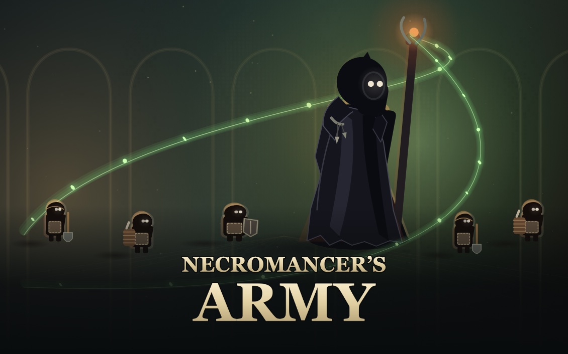 A tall hooded necromancer with glowing eyes and a staff, a green trail of light looping around six small skeleton workers, above the gold Necromancer's Army title