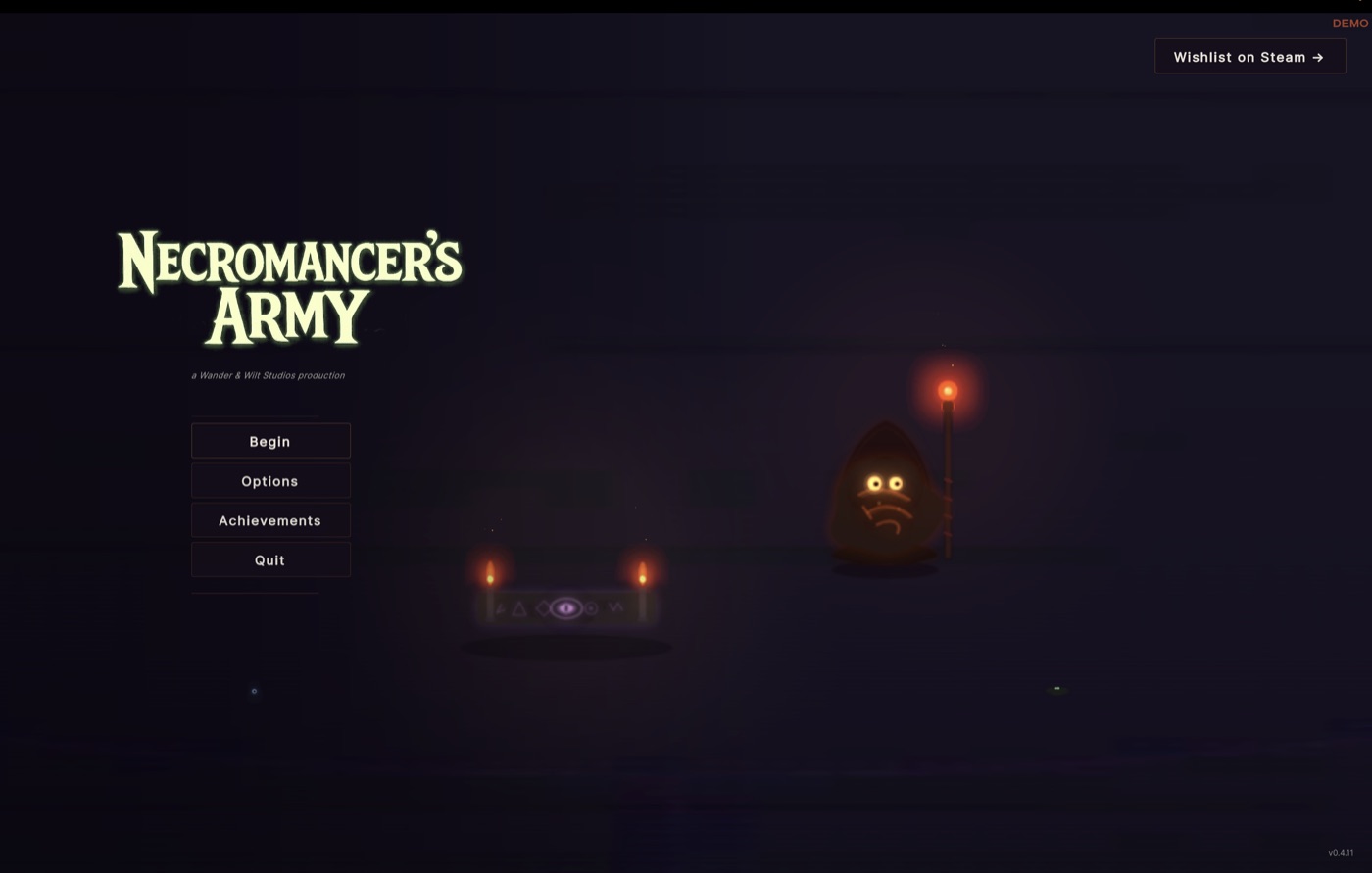 The Necromancer's Army main menu, the game's title in pale serif type beside a small hooded creature holding a lit torch in the dark