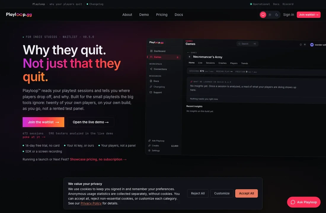 Playloop's live website and product dashboard