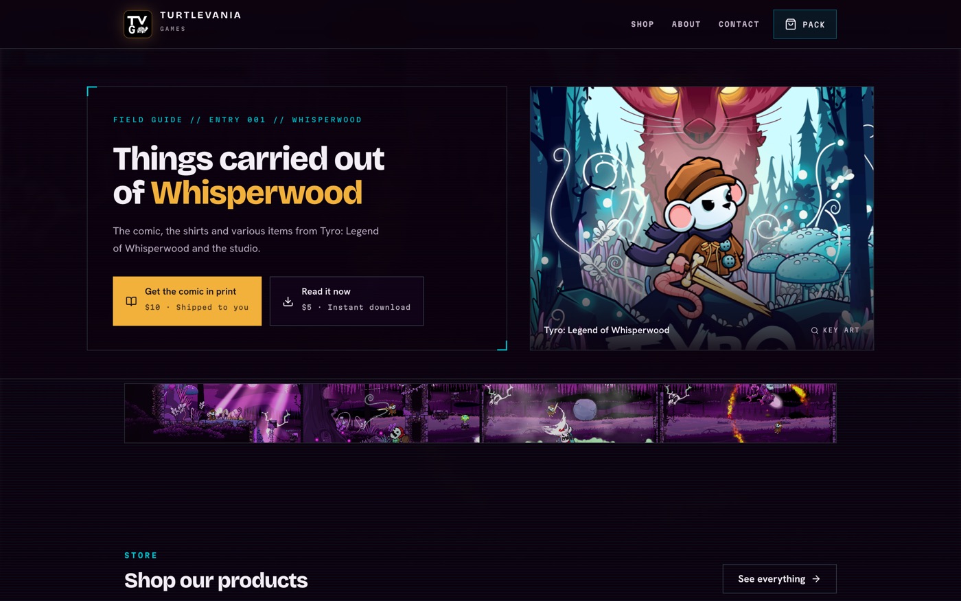The Turtlevania shop home page, dark layout with comic key art and two buy buttons