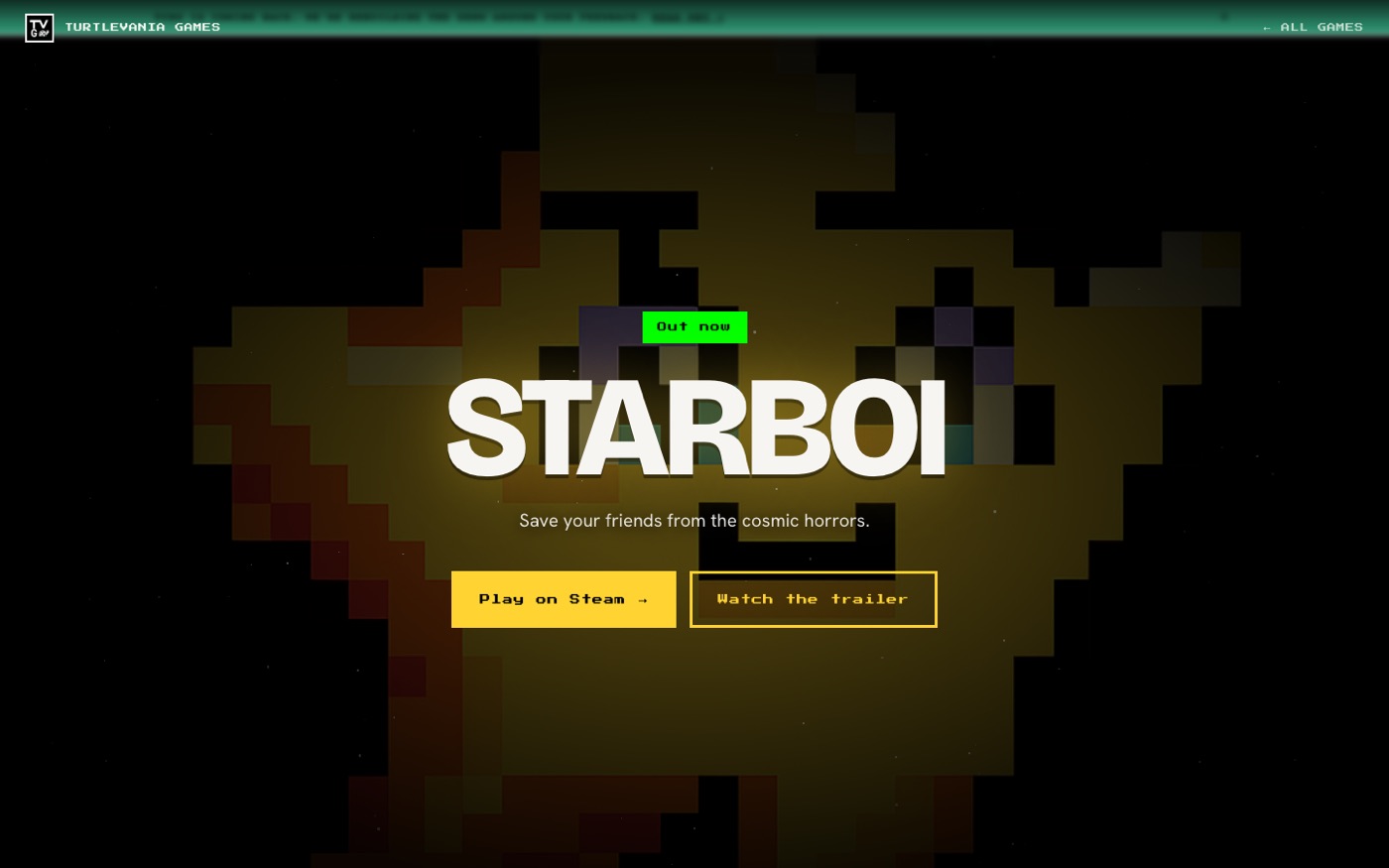 The Starboi landing page, a large pixel star glowing behind the game's title
