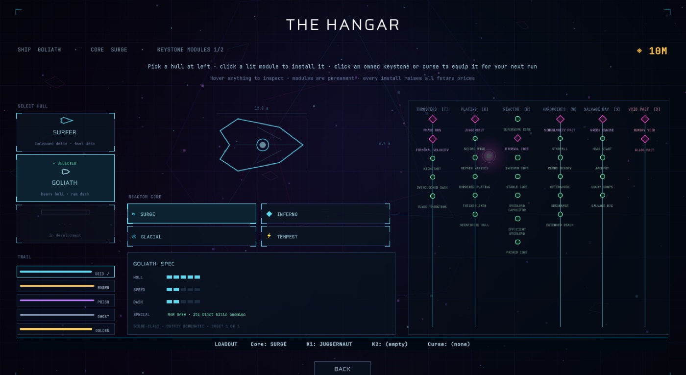 The hangar screen in The Stars Are Not Ready: hull selection, reactor cores and a branching module tree in cyan and magenta on black