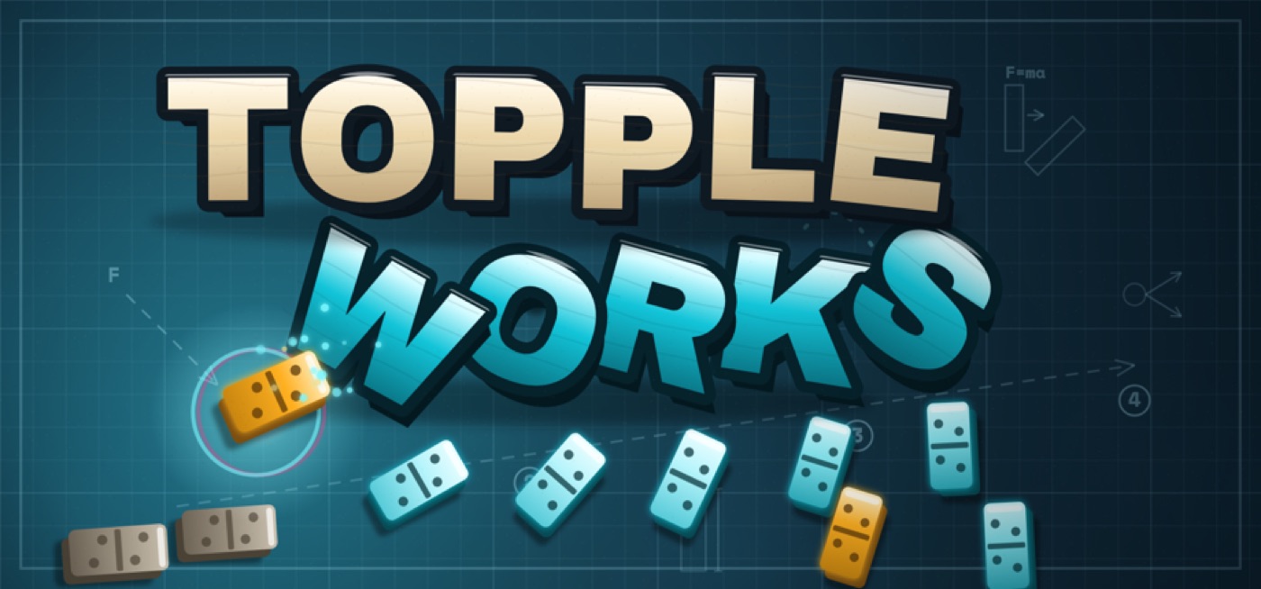 Toppleworks key art, stacked blocks mid-collapse