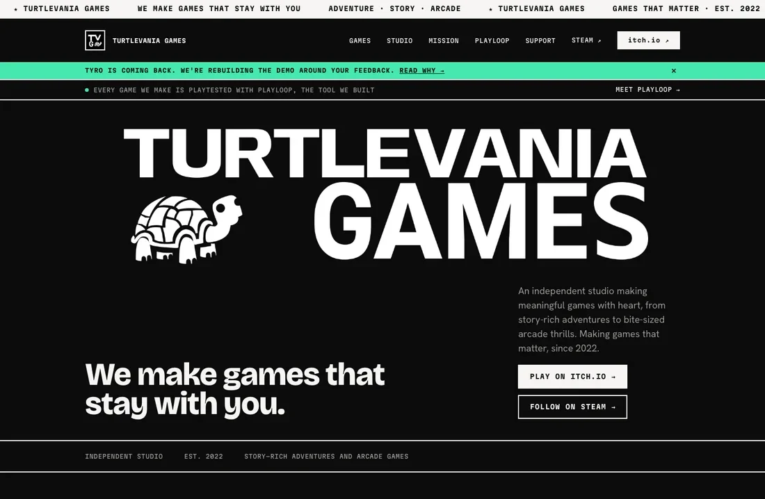 The Turtlevania Games home page, large white type on black with the studio logo