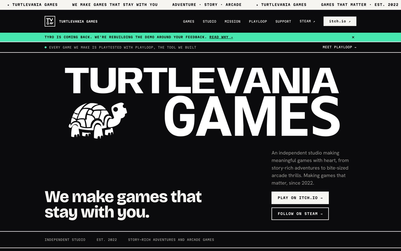 The Turtlevania Games home page, large white type on black with the studio logo