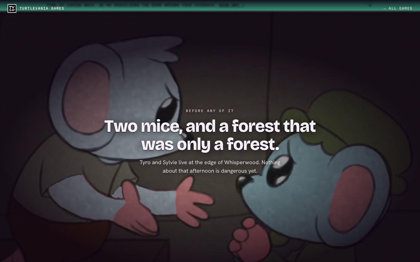 Two illustrated mice facing each other in warm lamplight, from Tyro: Legend of Whisperwood